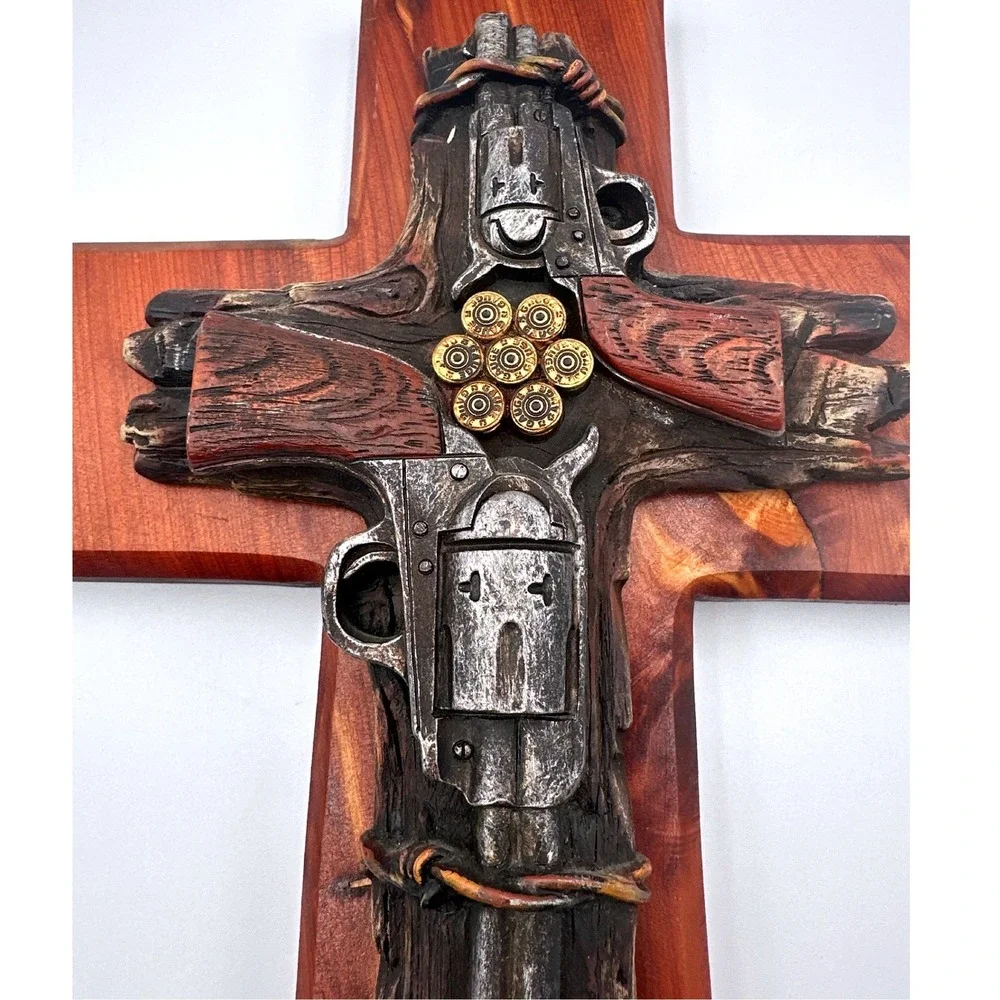 Handmade Rustic Western Wooden Wall Cross Revolver Bullet Barbed Wire Cowboy 14